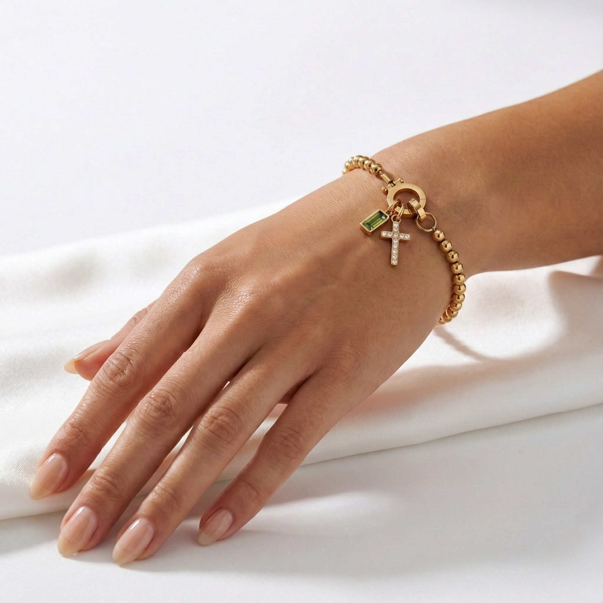 Pulsera AX con cuentas, cruz y piedra natal