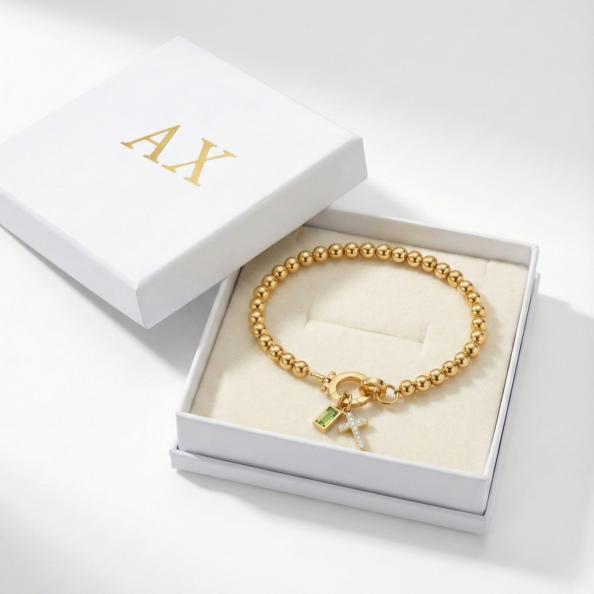 Pulsera AX con cuentas, cruz y piedra natal