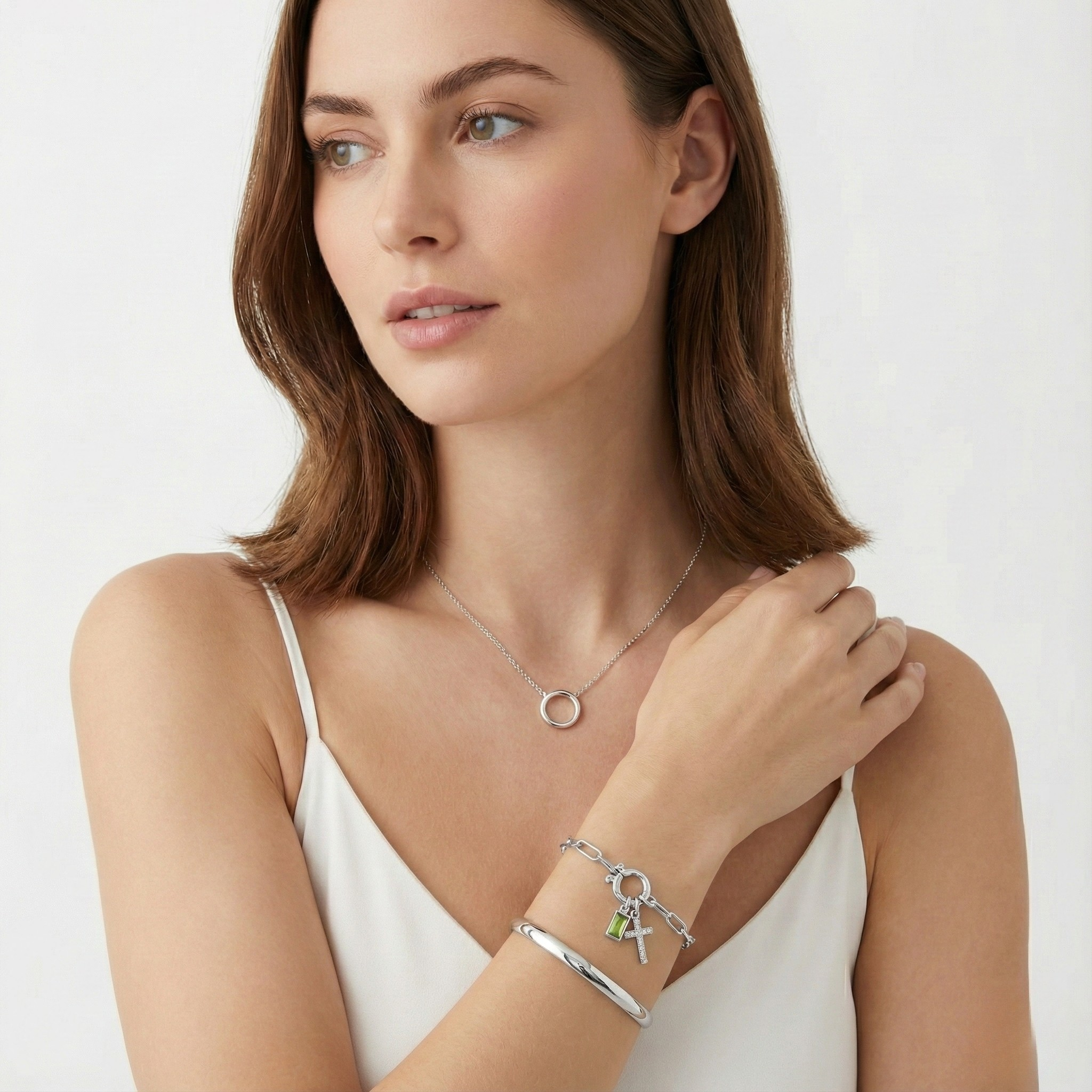 Pulsera AX con eslabón, cruz y piedra natal