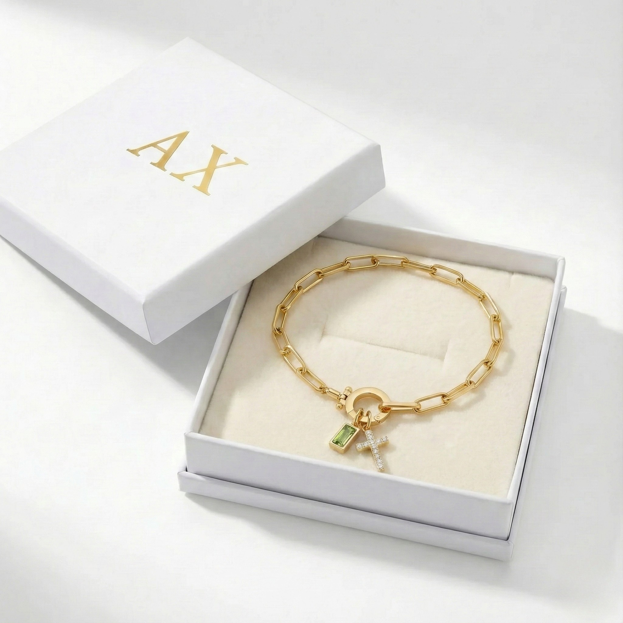 Pulsera AX con eslabón, cruz y piedra natal