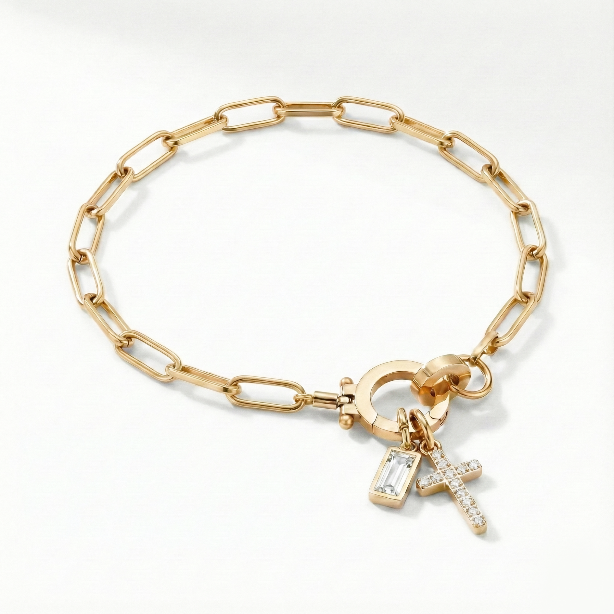 Pulsera AX con eslabón, cruz y piedra natal