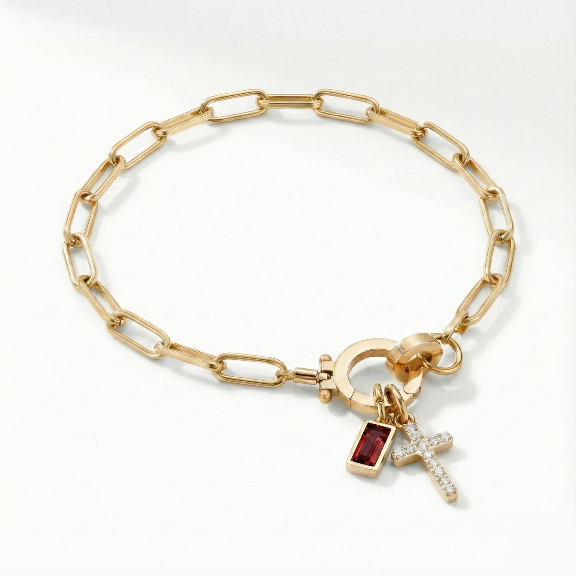 Pulsera AX con eslabón, cruz y piedra natal