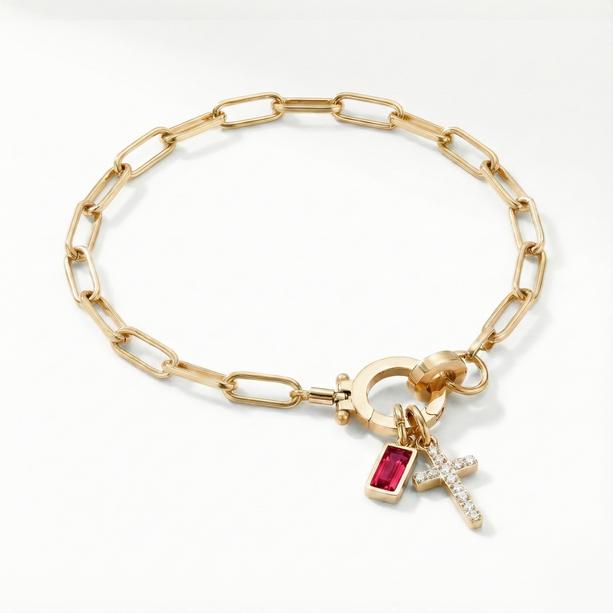 Pulsera AX con eslabón, cruz y piedra natal