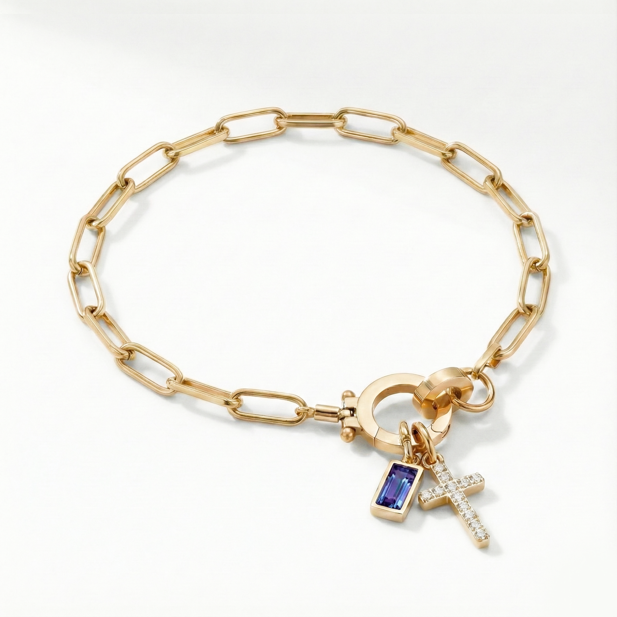 Pulsera AX con eslabón, cruz y piedra natal