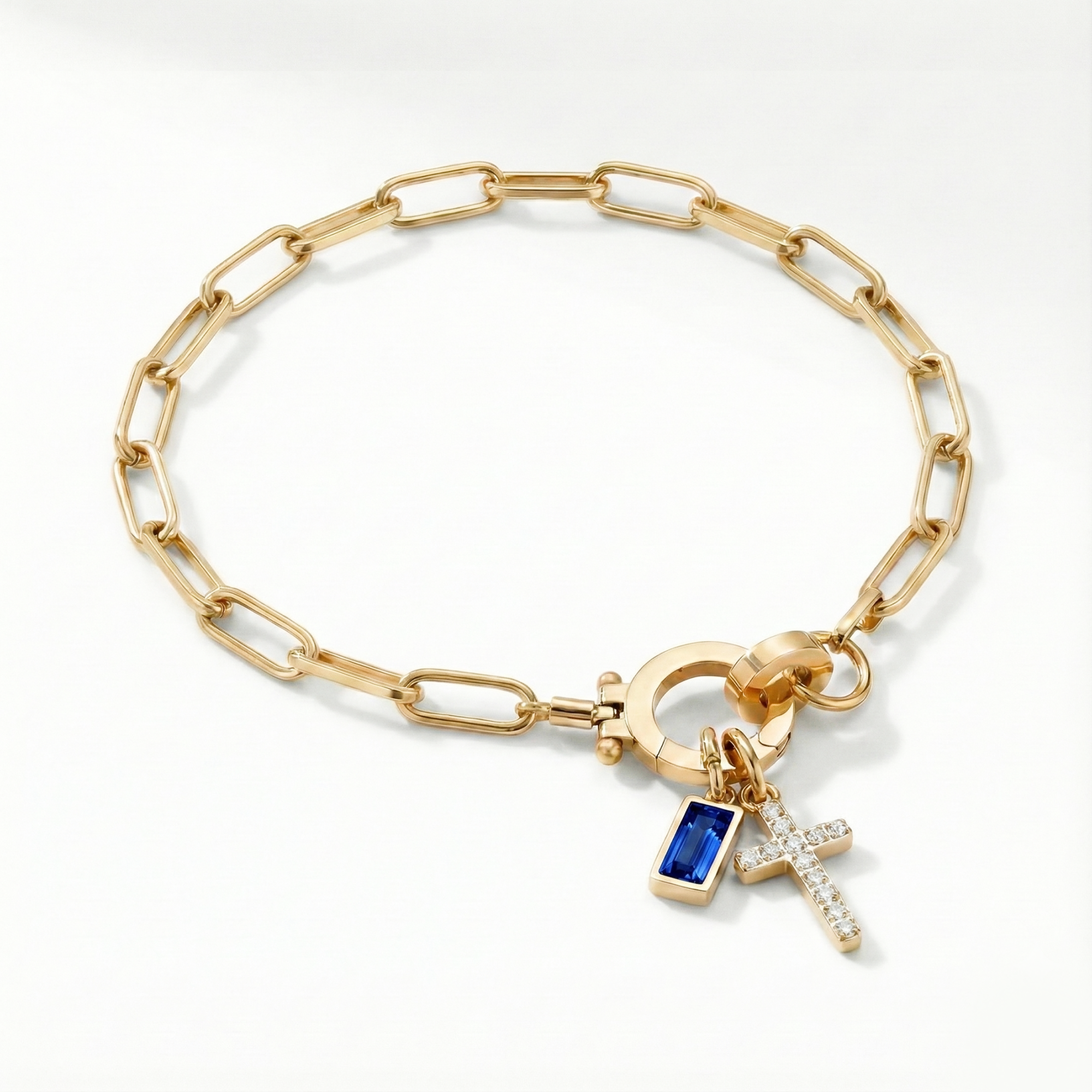 Pulsera AX con eslabón, cruz y piedra natal