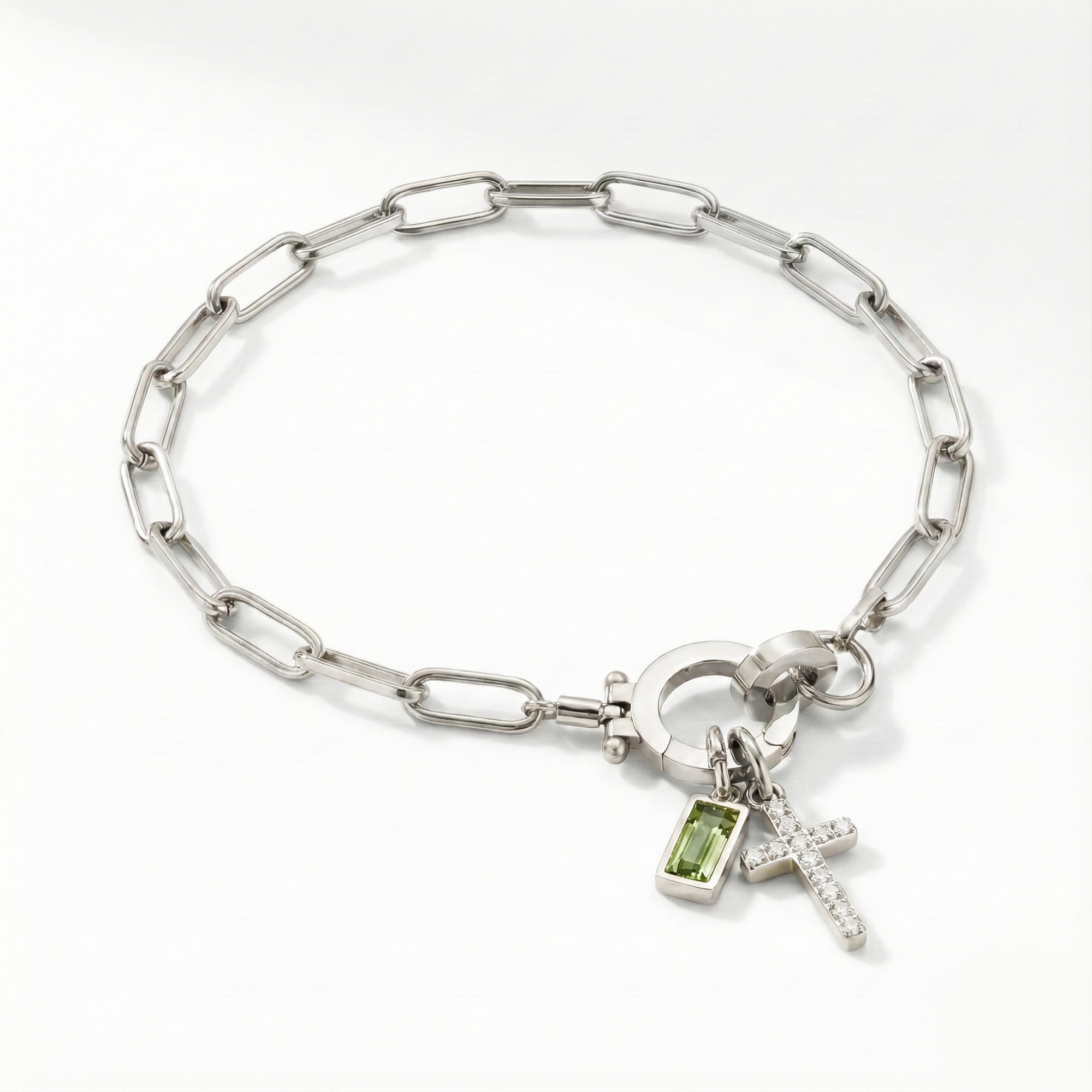 Pulsera AX con eslabón, cruz y piedra natal