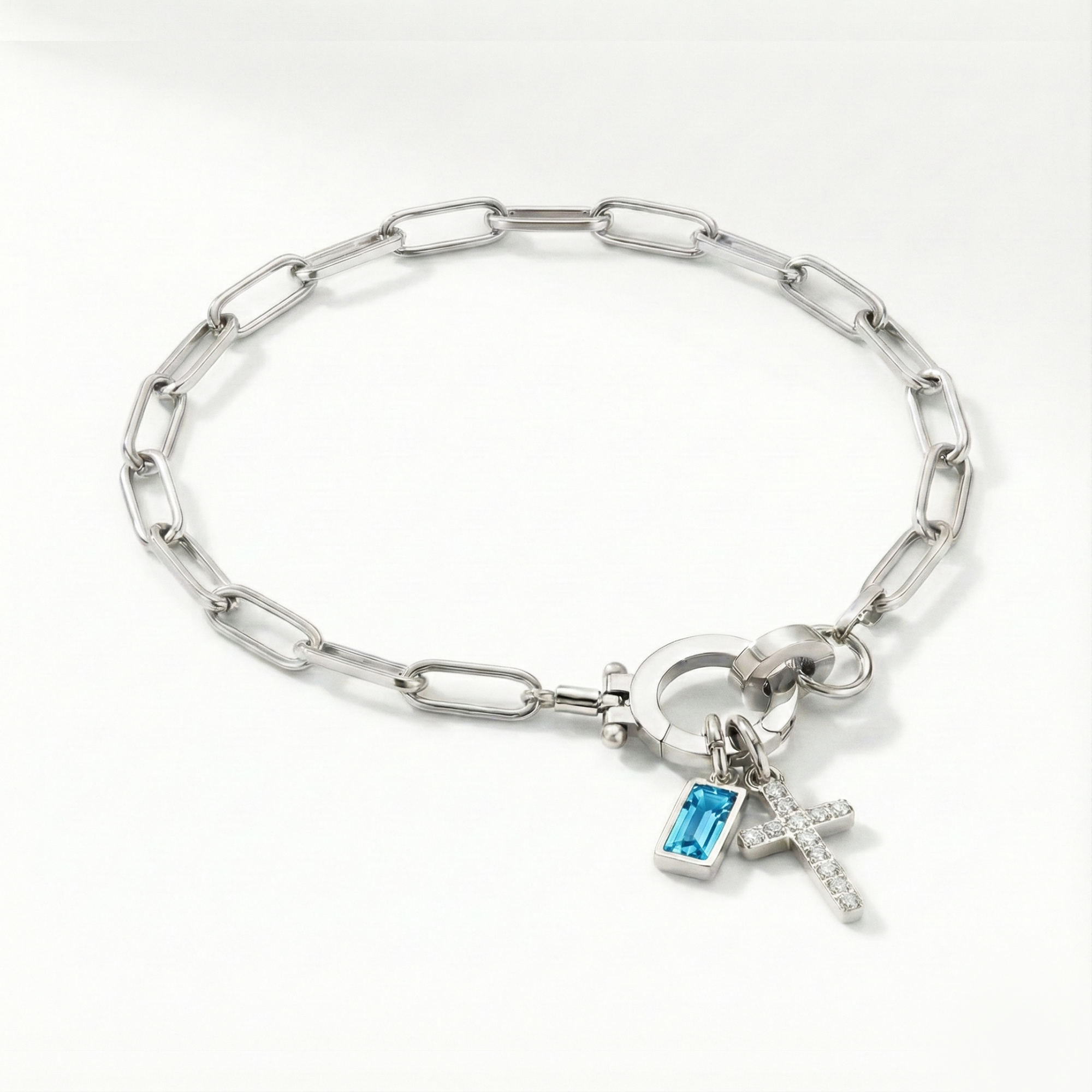 Pulsera AX con eslabón, cruz y piedra natal