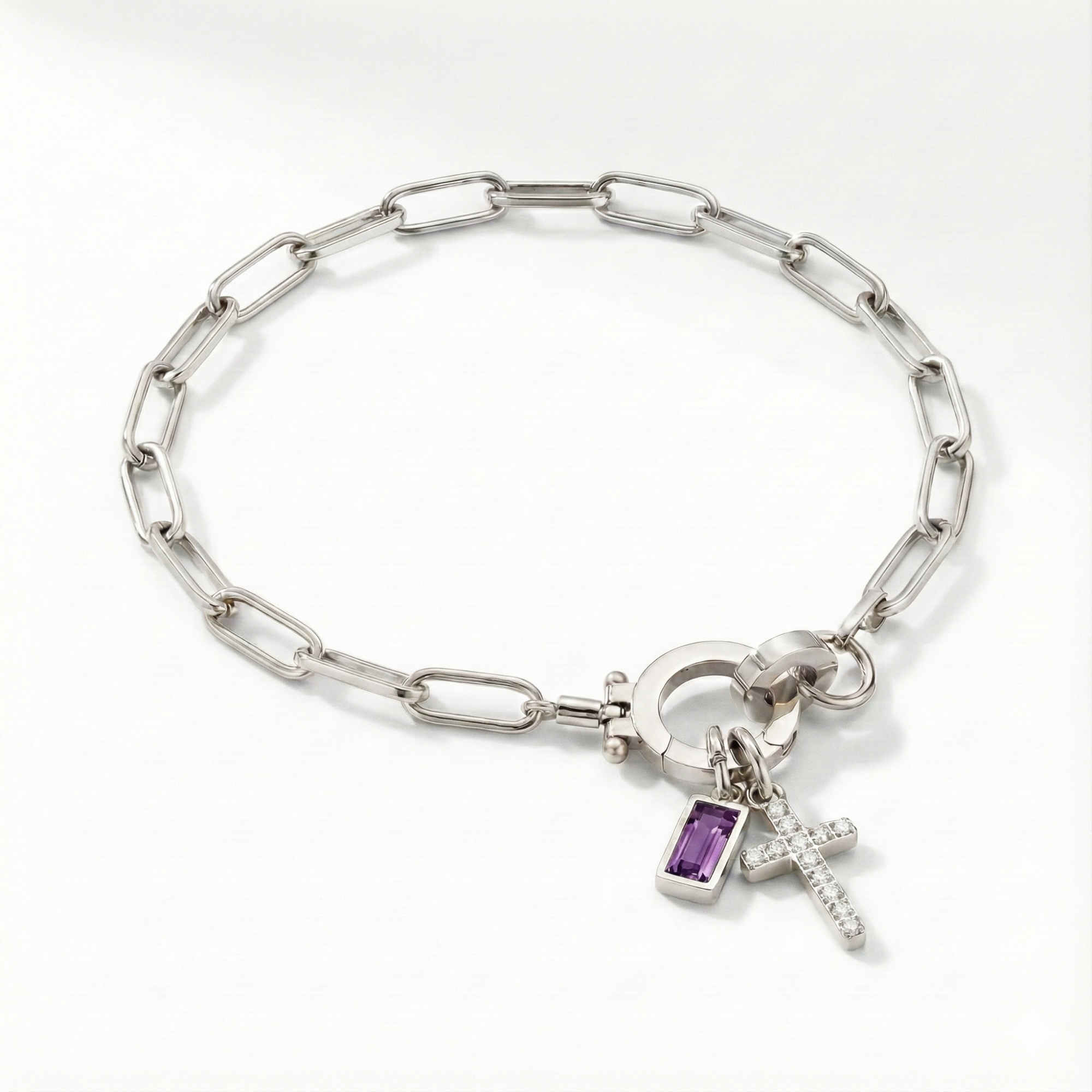 Pulsera AX con eslabón, cruz y piedra natal