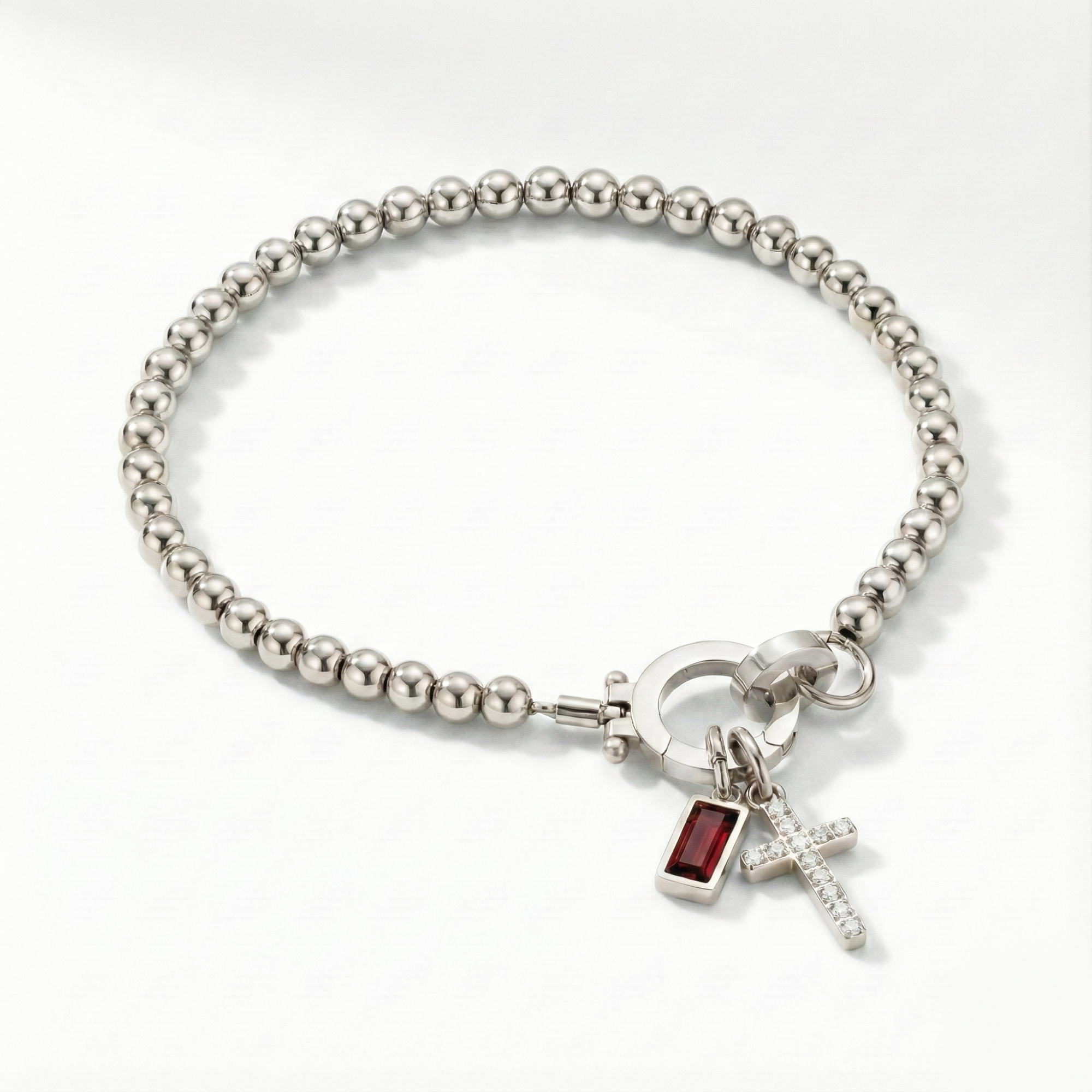 Pulsera AX con cuentas, cruz y piedra natal