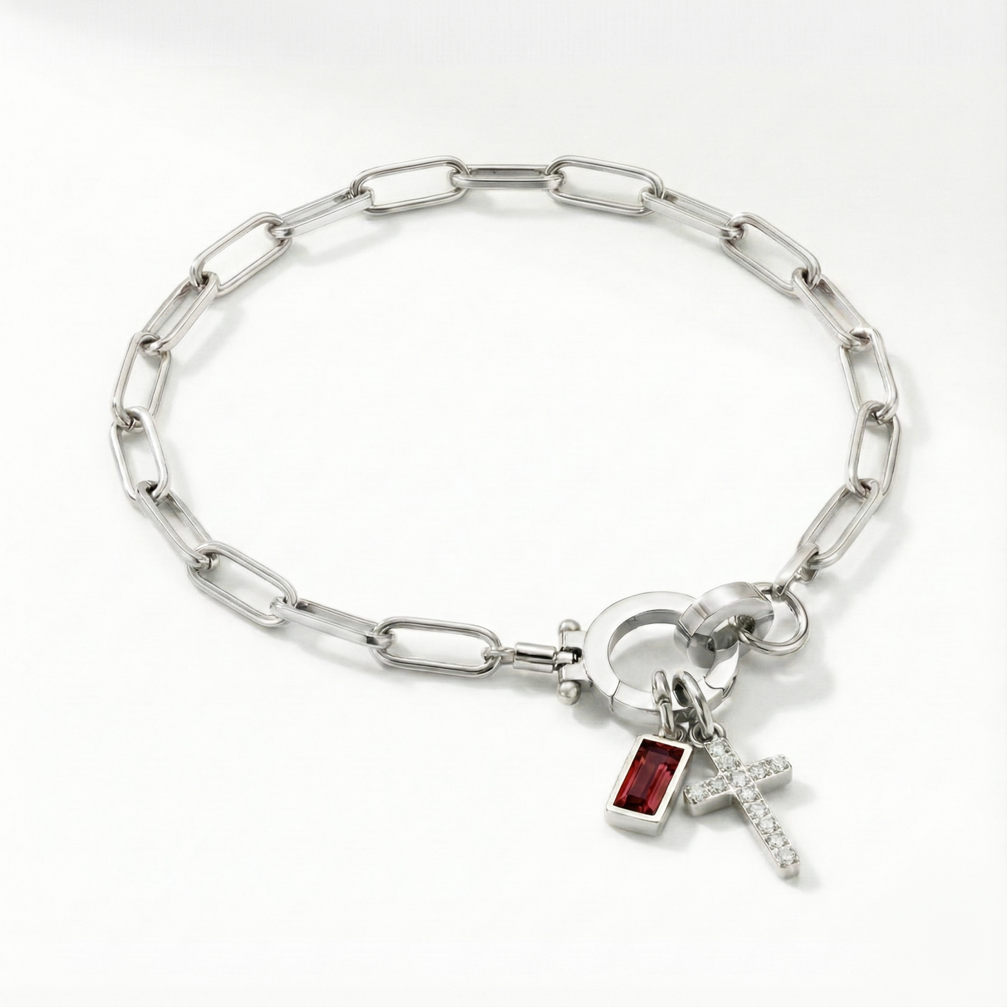 Pulsera AX con eslabón, cruz y piedra natal