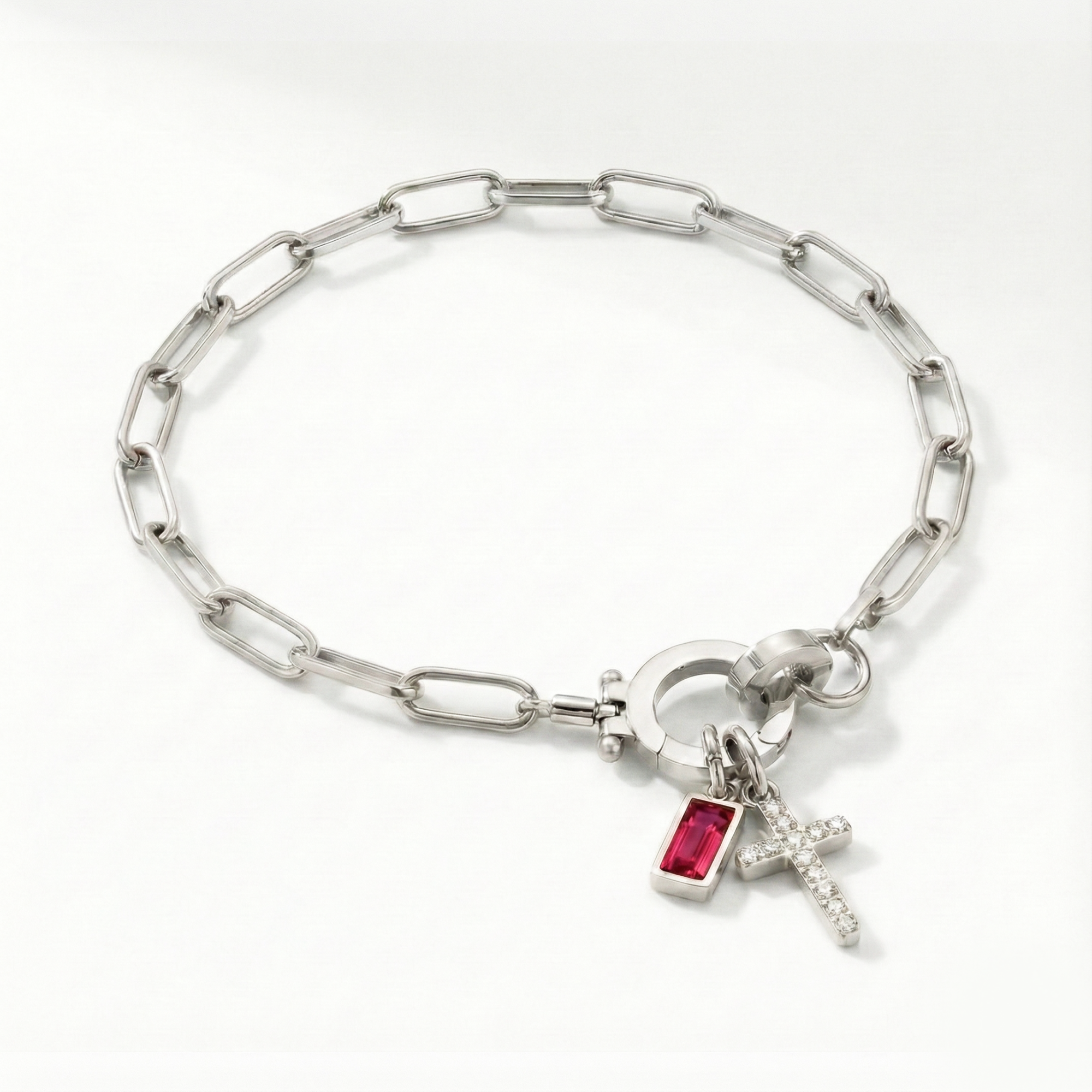 Pulsera AX con eslabón, cruz y piedra natal