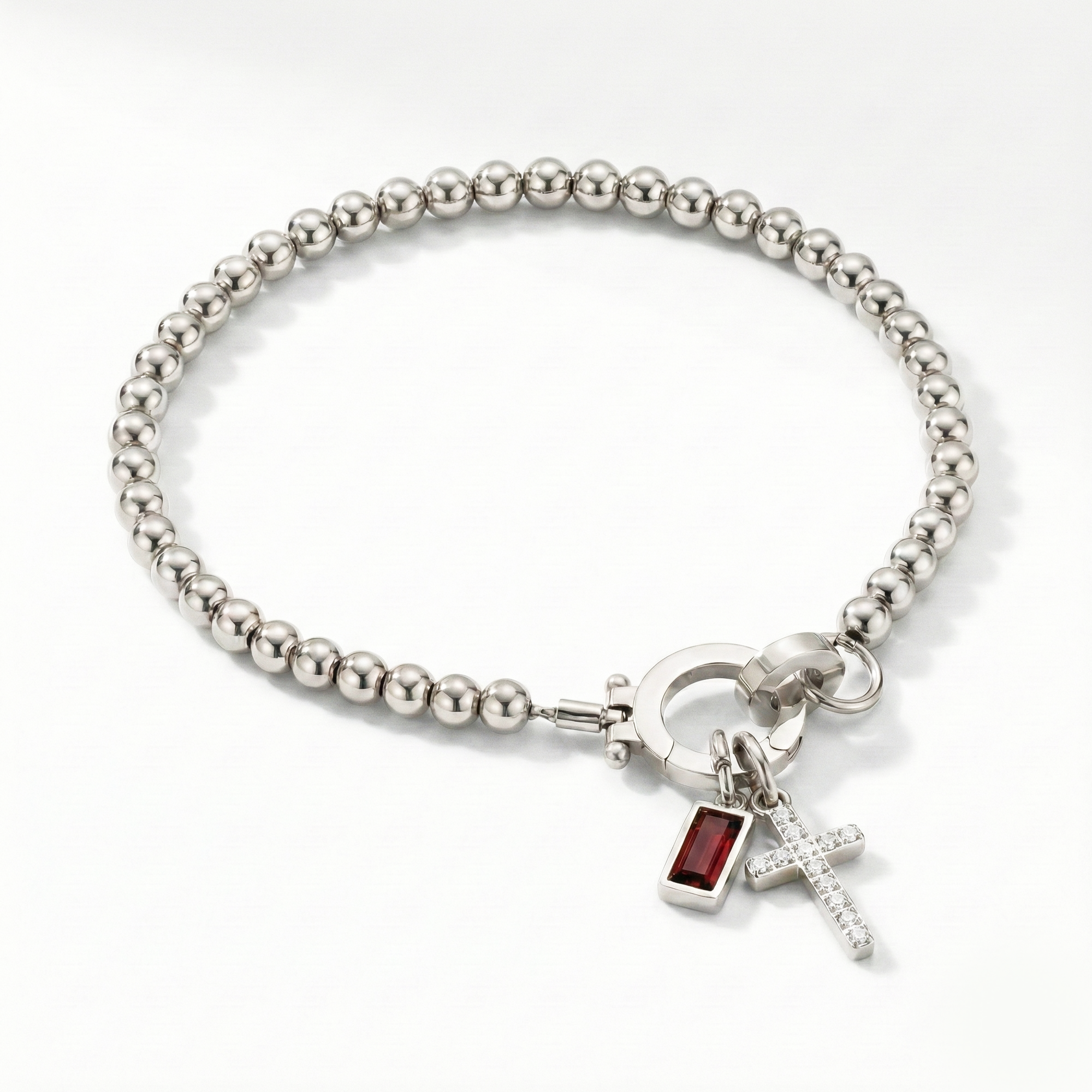 Pulsera AX con cuentas, cruz y piedra natal