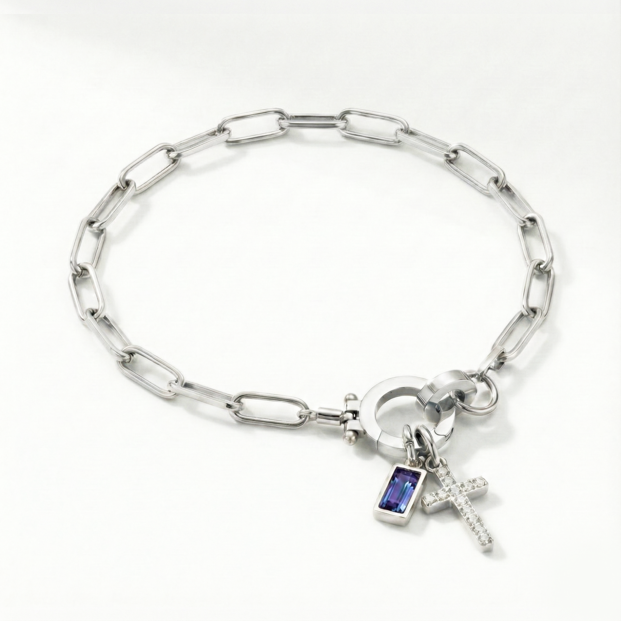 Pulsera AX con eslabón, cruz y piedra natal