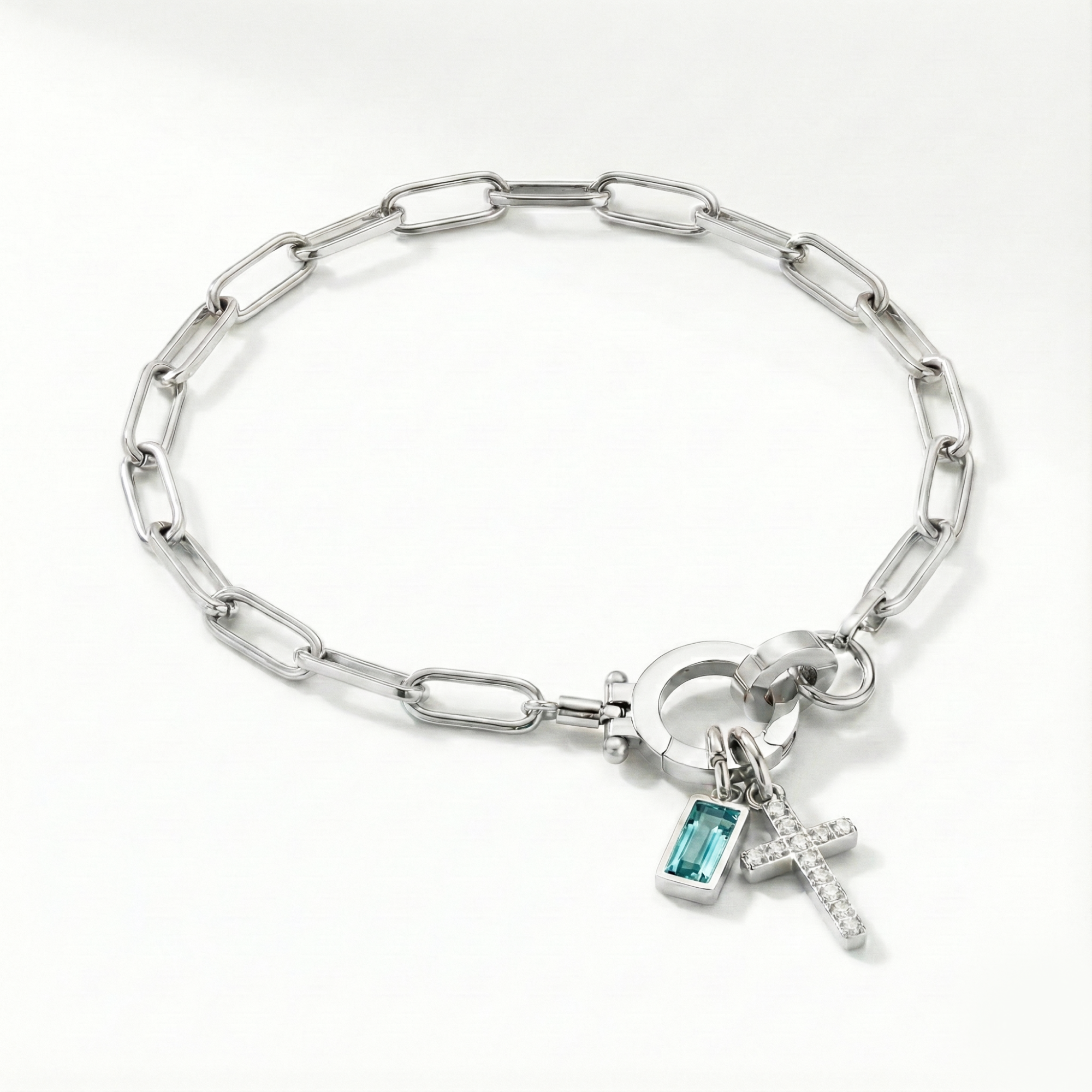 Pulsera AX con eslabón, cruz y piedra natal