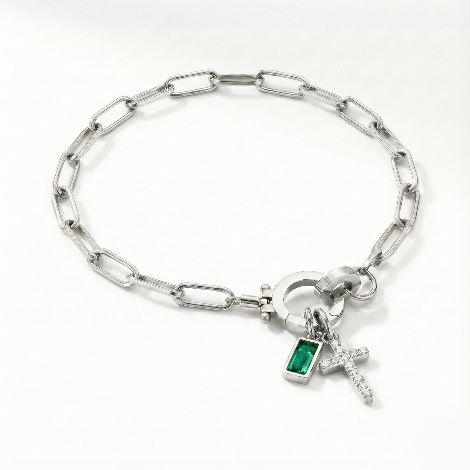 Pulsera AX con eslabón, cruz y piedra natal