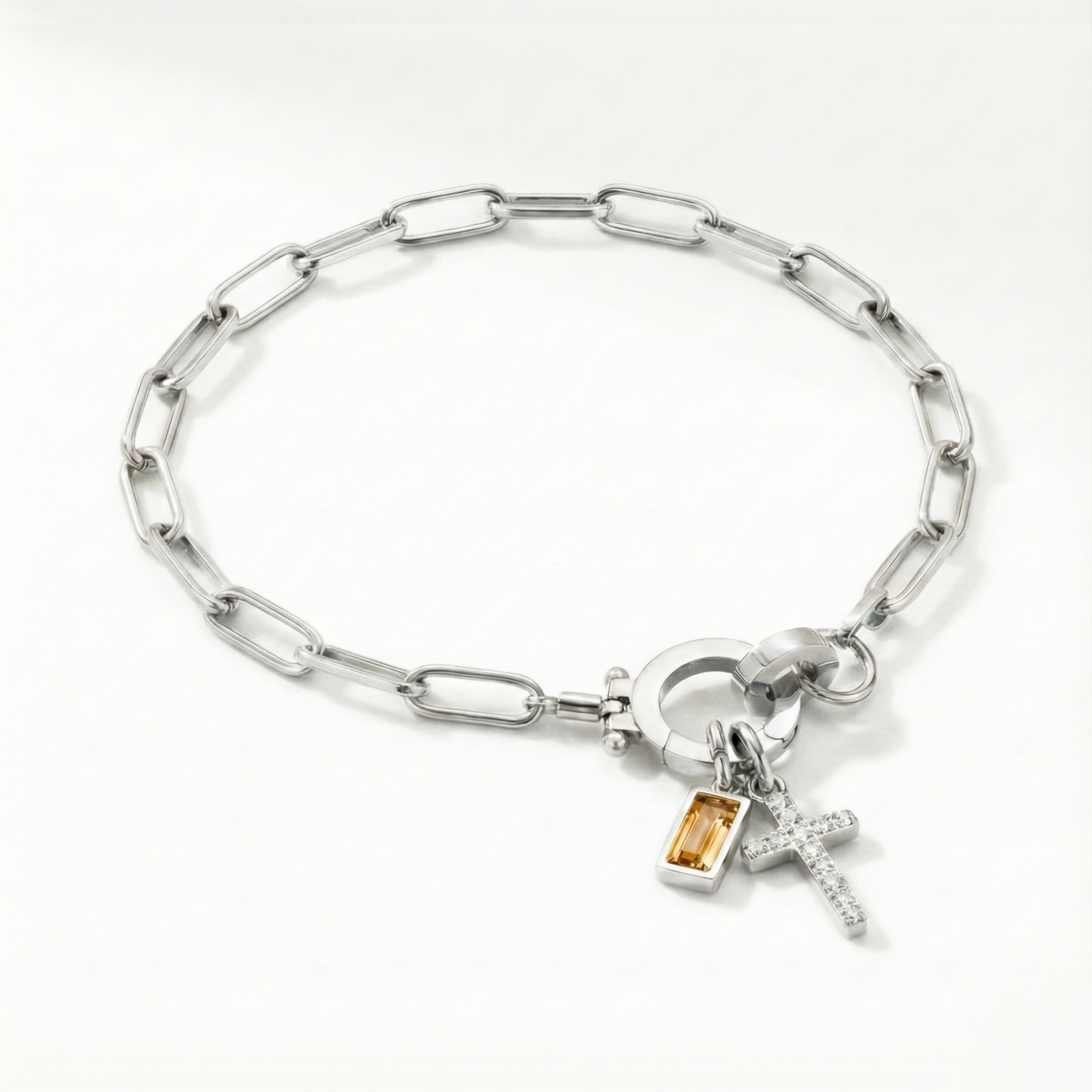 Pulsera AX con eslabón, cruz y piedra natal