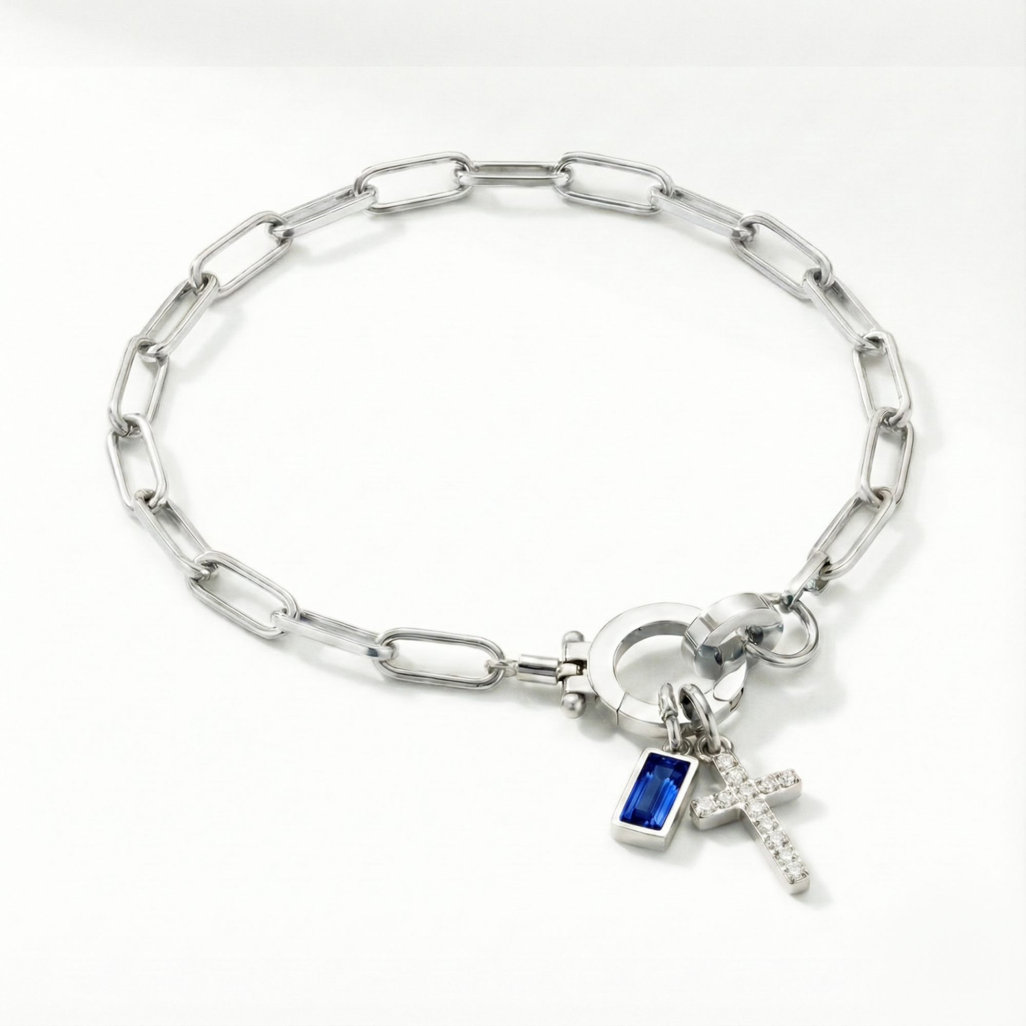 Pulsera AX con eslabón, cruz y piedra natal