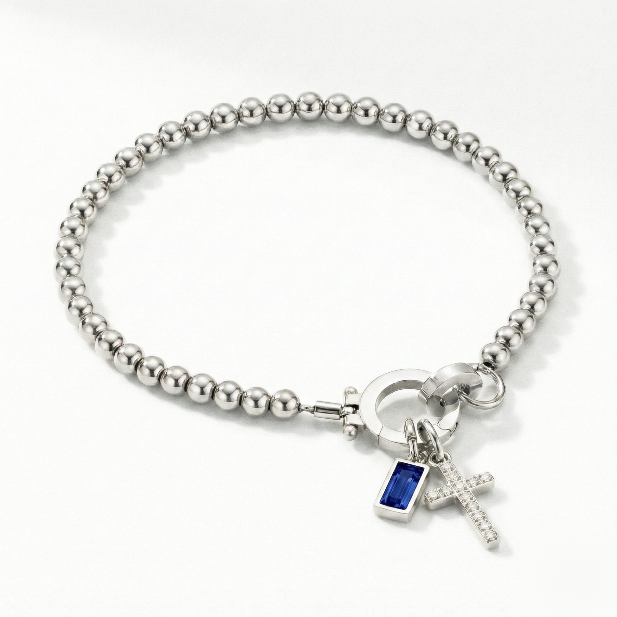 Pulsera AX con cuentas, cruz y piedra natal